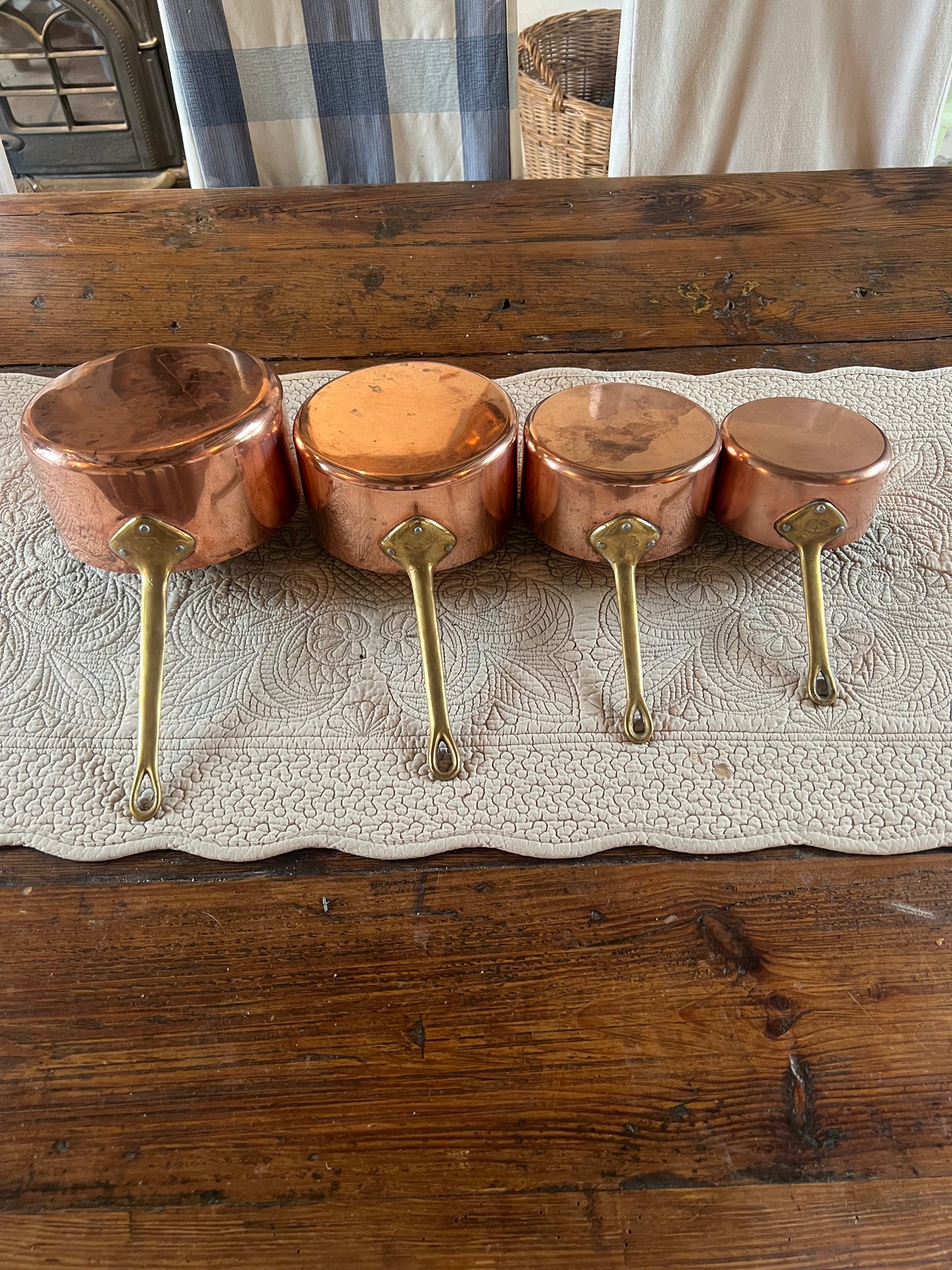 Set Of 4 Vintage French Copper Saucepans Stamped ‘La Belle Cuisine Made In France