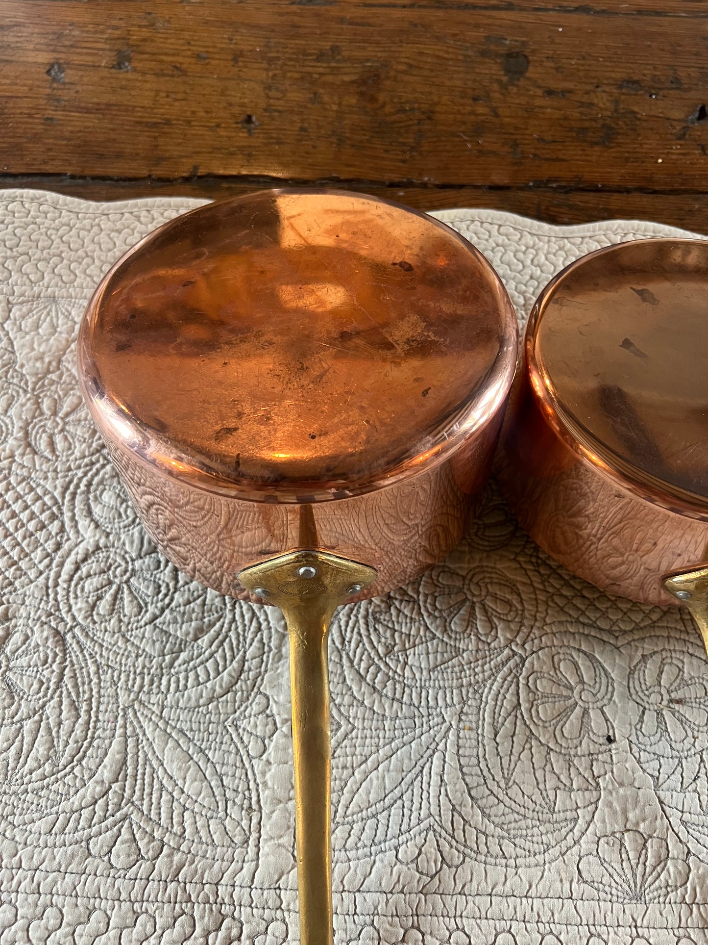 Set Of 4 Vintage French Copper Saucepans Stamped ‘La Belle Cuisine Made In France