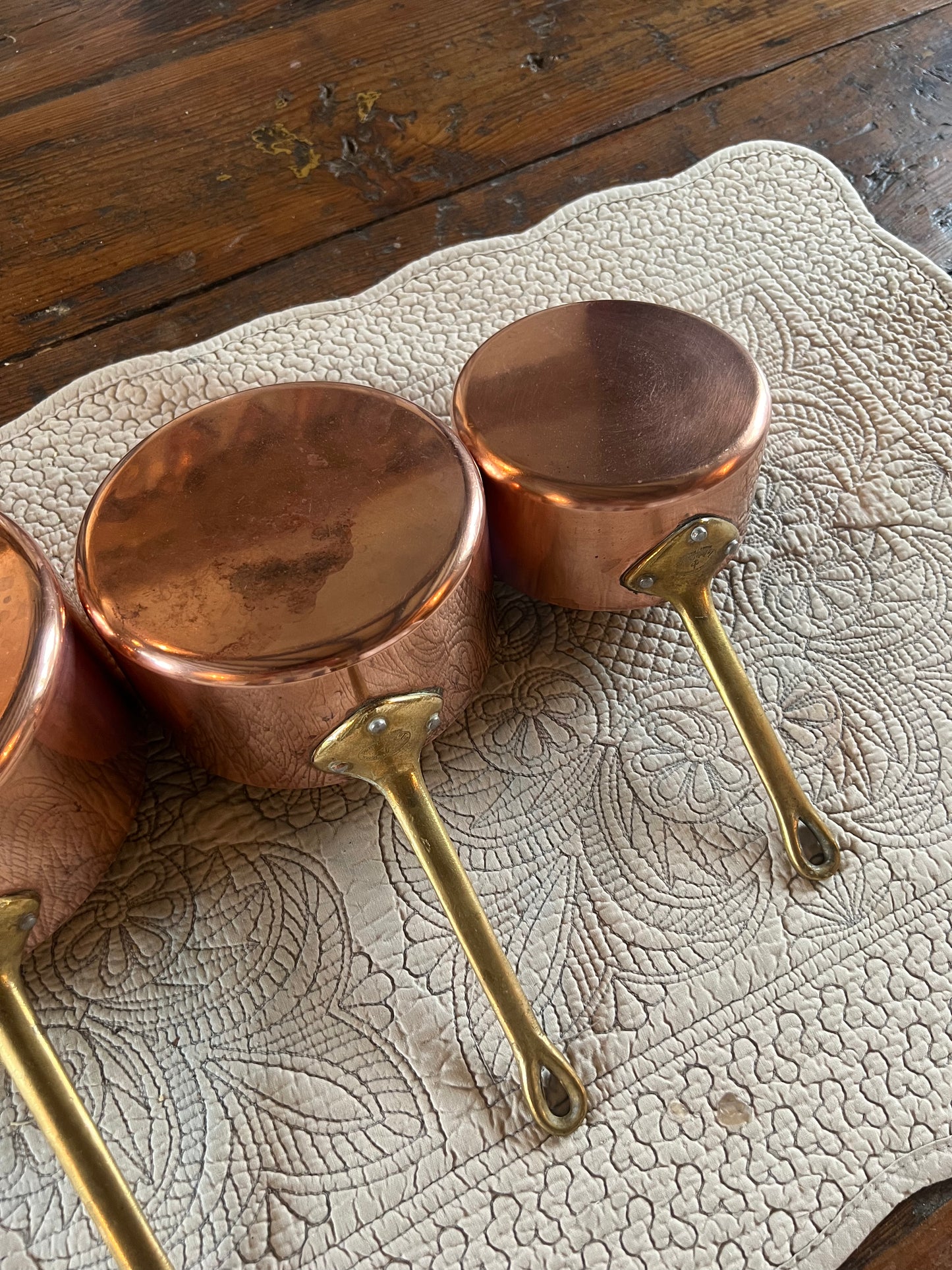 Set Of 4 Vintage French Copper Saucepans Stamped ‘La Belle Cuisine Made In France