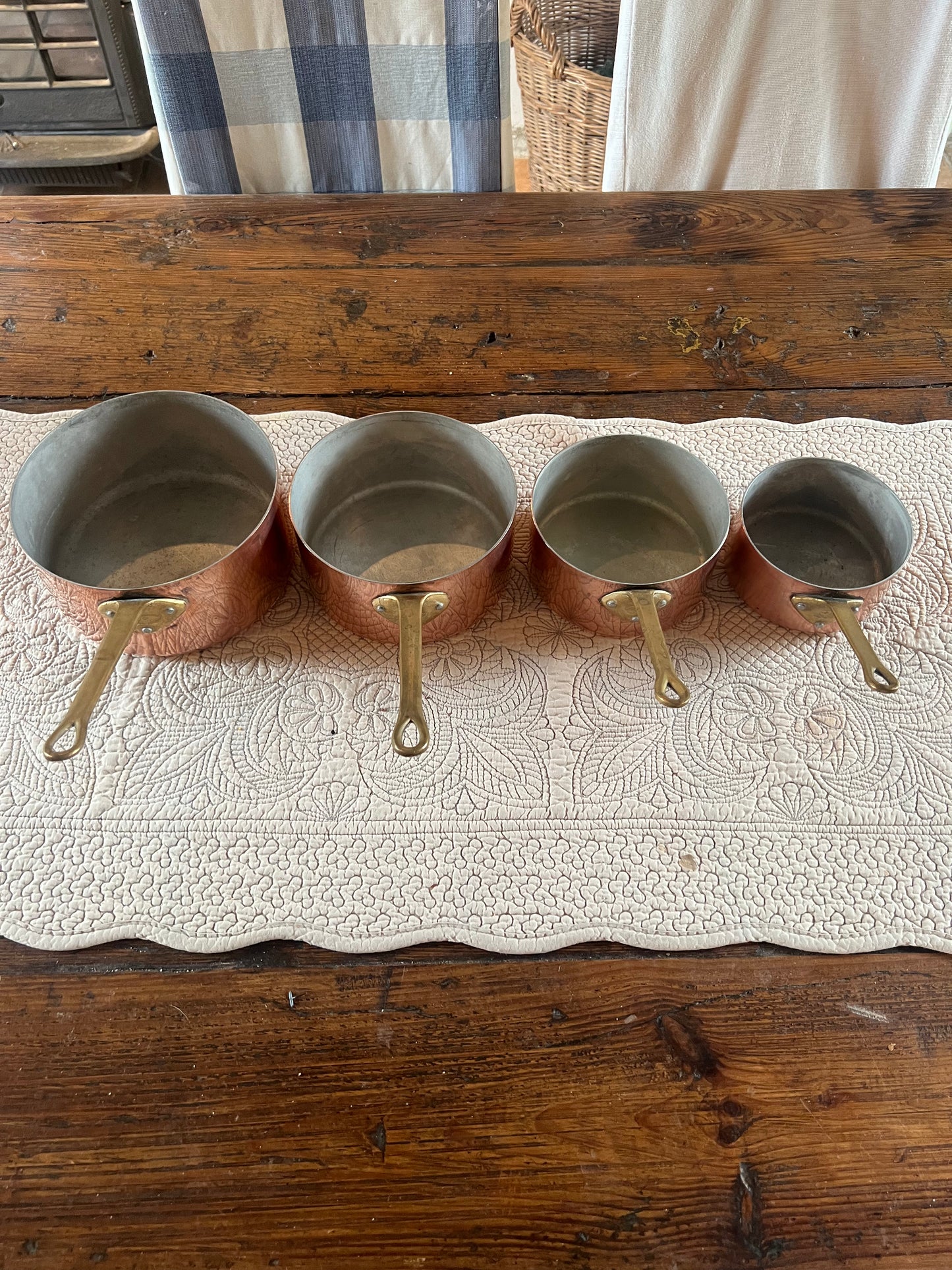 Set Of 4 Vintage French Copper Saucepans Stamped ‘La Belle Cuisine Made In France