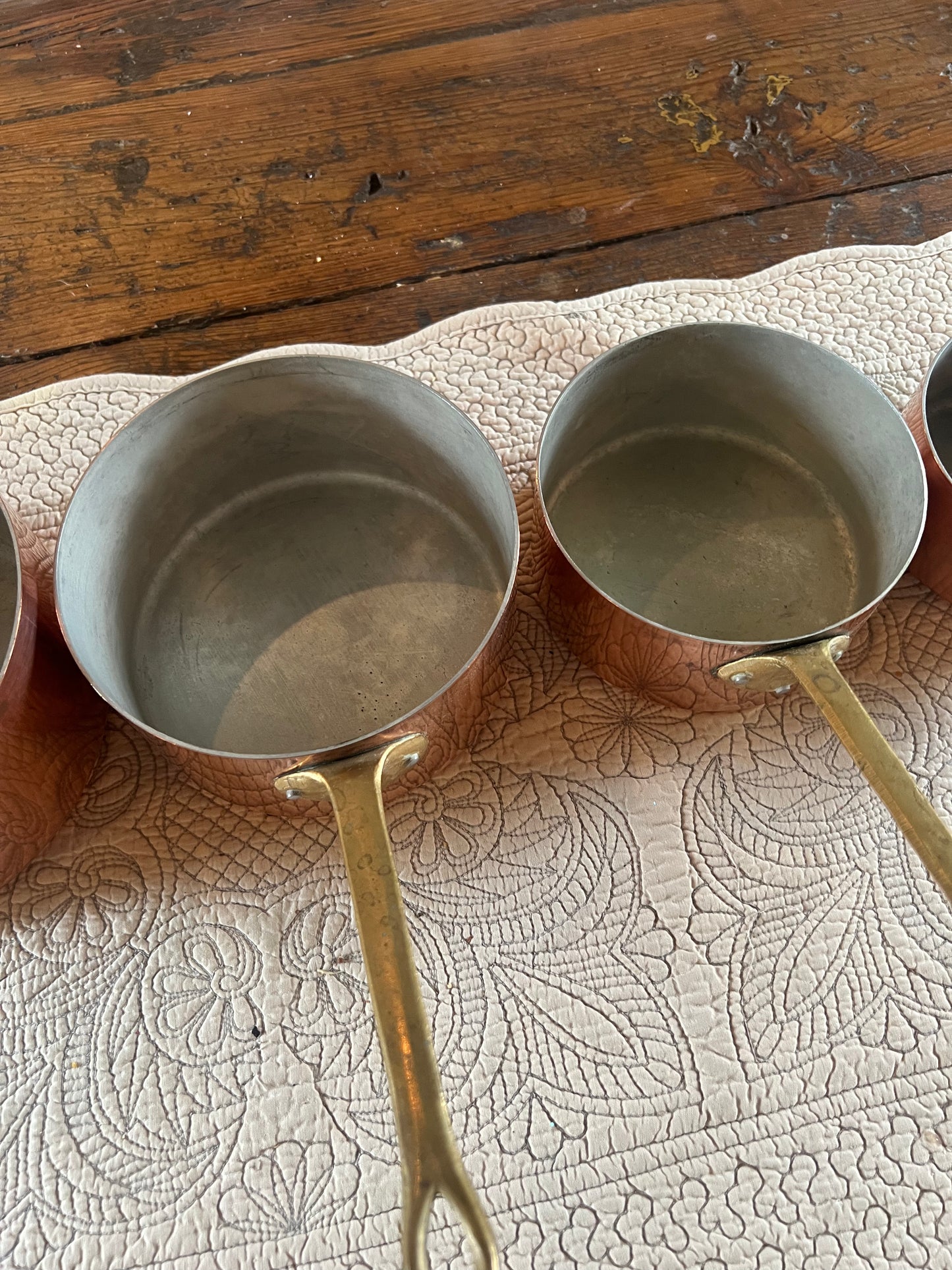 Set Of 4 Vintage French Copper Saucepans Stamped ‘La Belle Cuisine Made In France