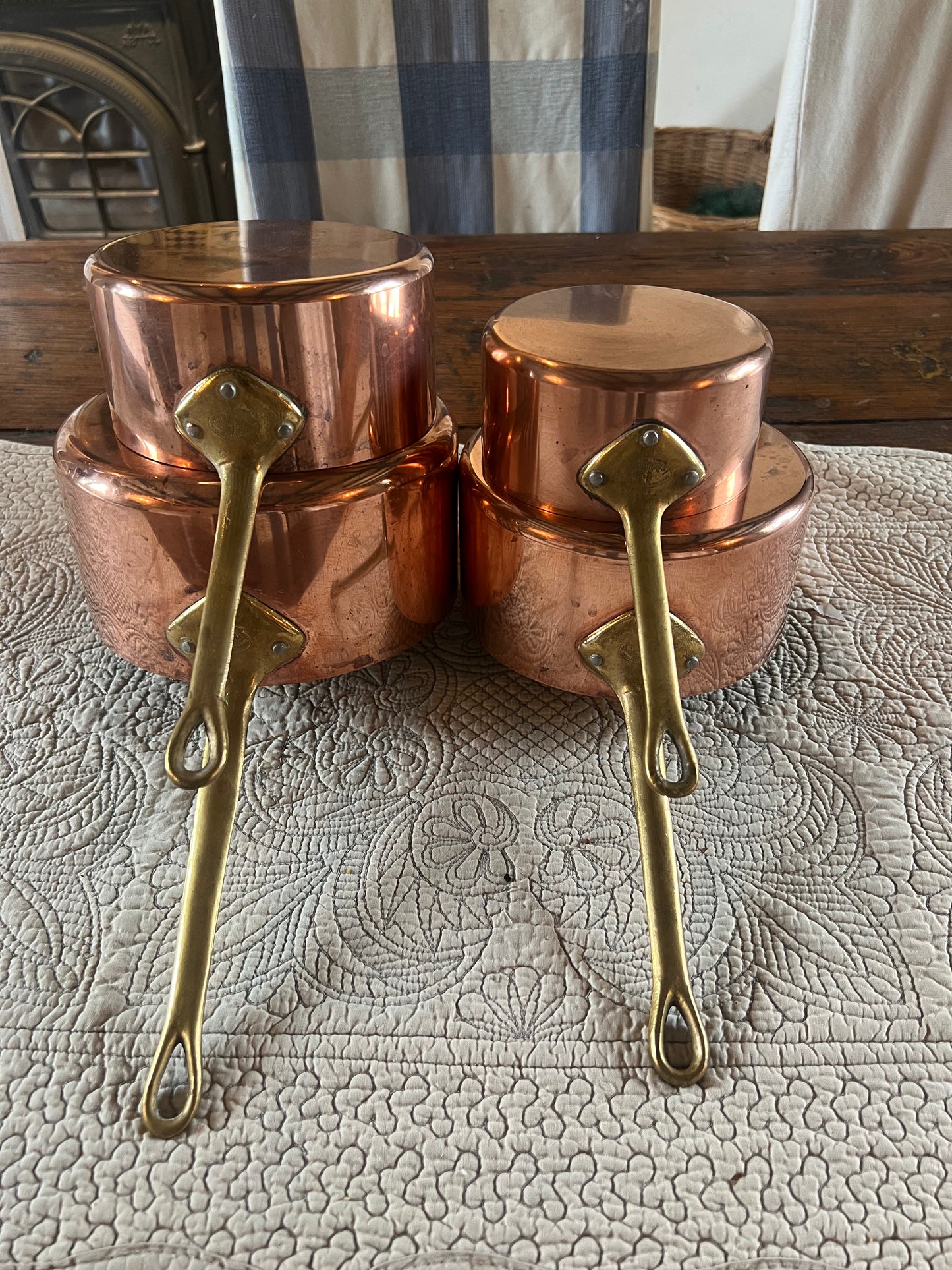 Set Of 4 Vintage French Copper Saucepans Stamped ‘La Belle Cuisine Made In France