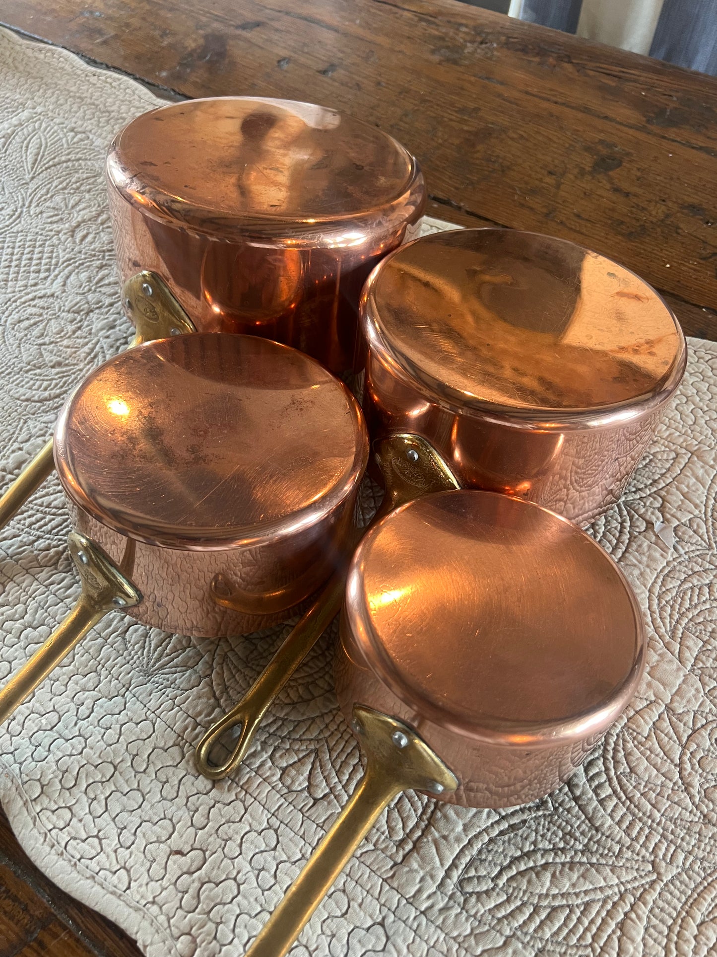 Set Of 4 Vintage French Copper Saucepans Stamped ‘La Belle Cuisine Made In France