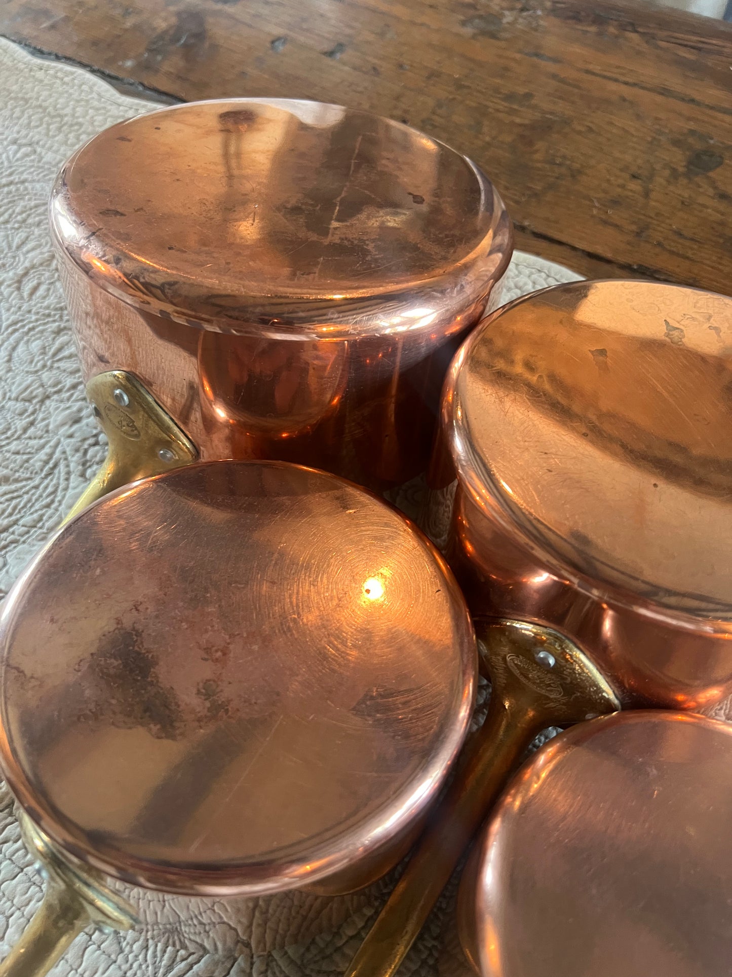 Set Of 4 Vintage French Copper Saucepans Stamped ‘La Belle Cuisine Made In France