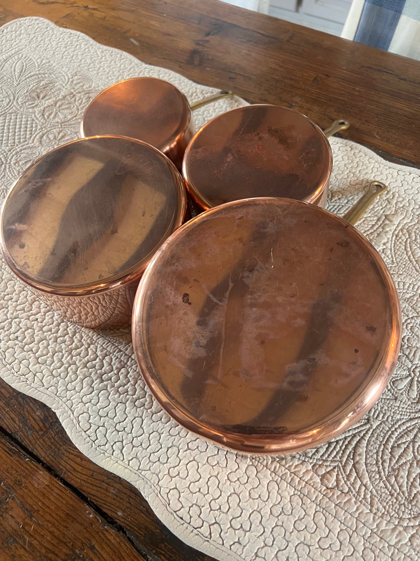 Set Of 4 Vintage French Copper Saucepans Stamped ‘La Belle Cuisine Made In France