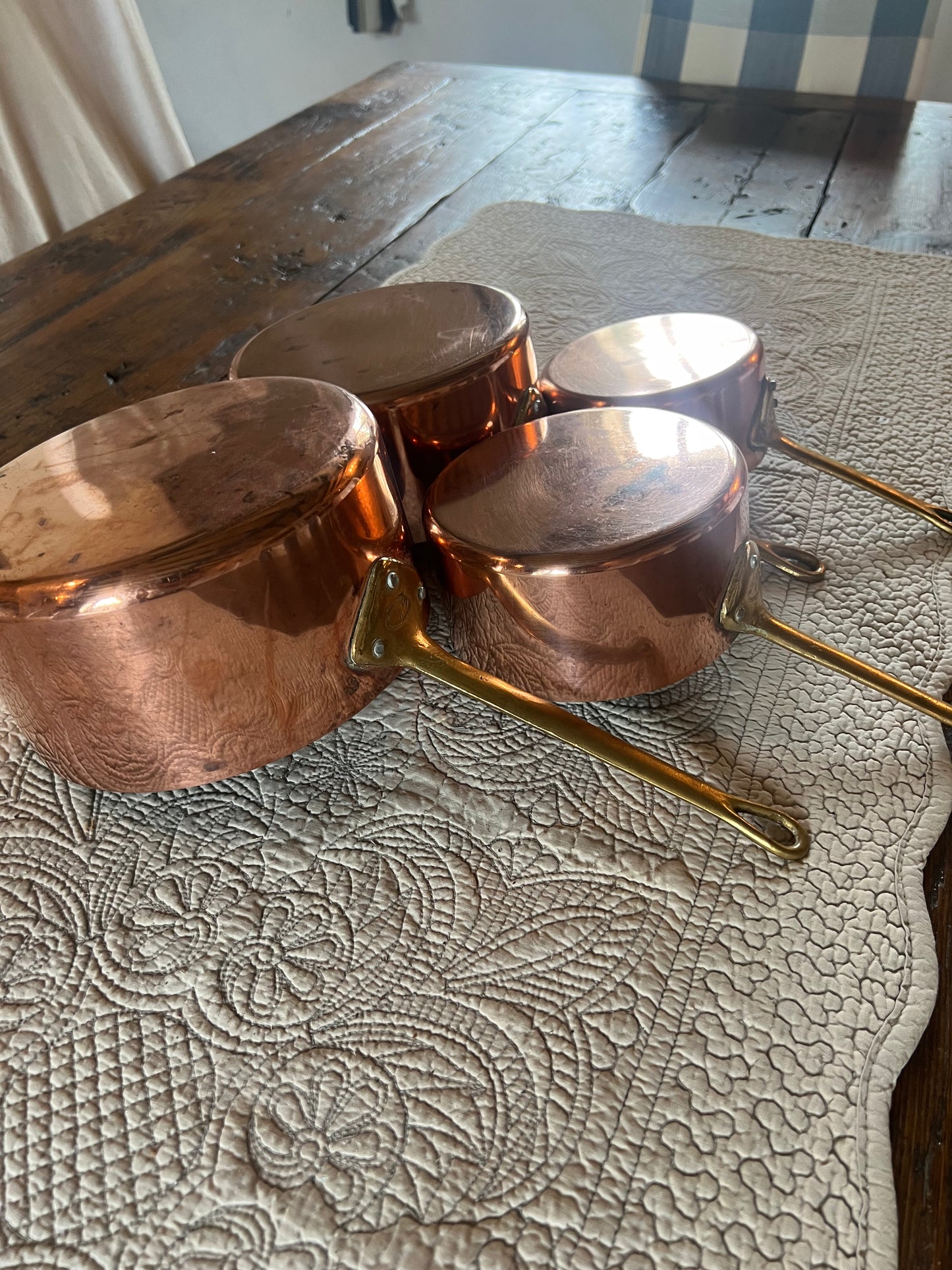 Set Of 4 Vintage French Copper Saucepans Stamped ‘La Belle Cuisine Made In France