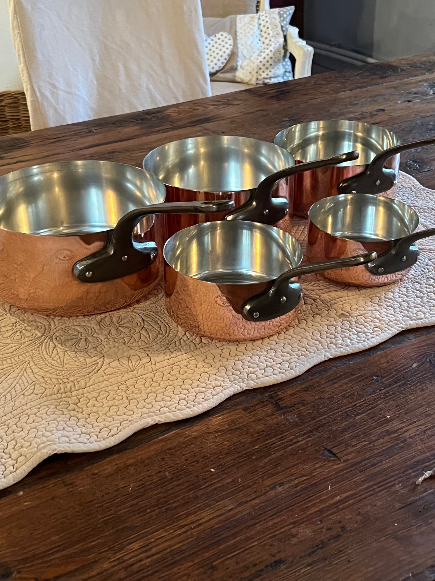 Set Of 5 Vintage French Copper Saucepans Cuivres De Faucogney 4.15kg Stunning!