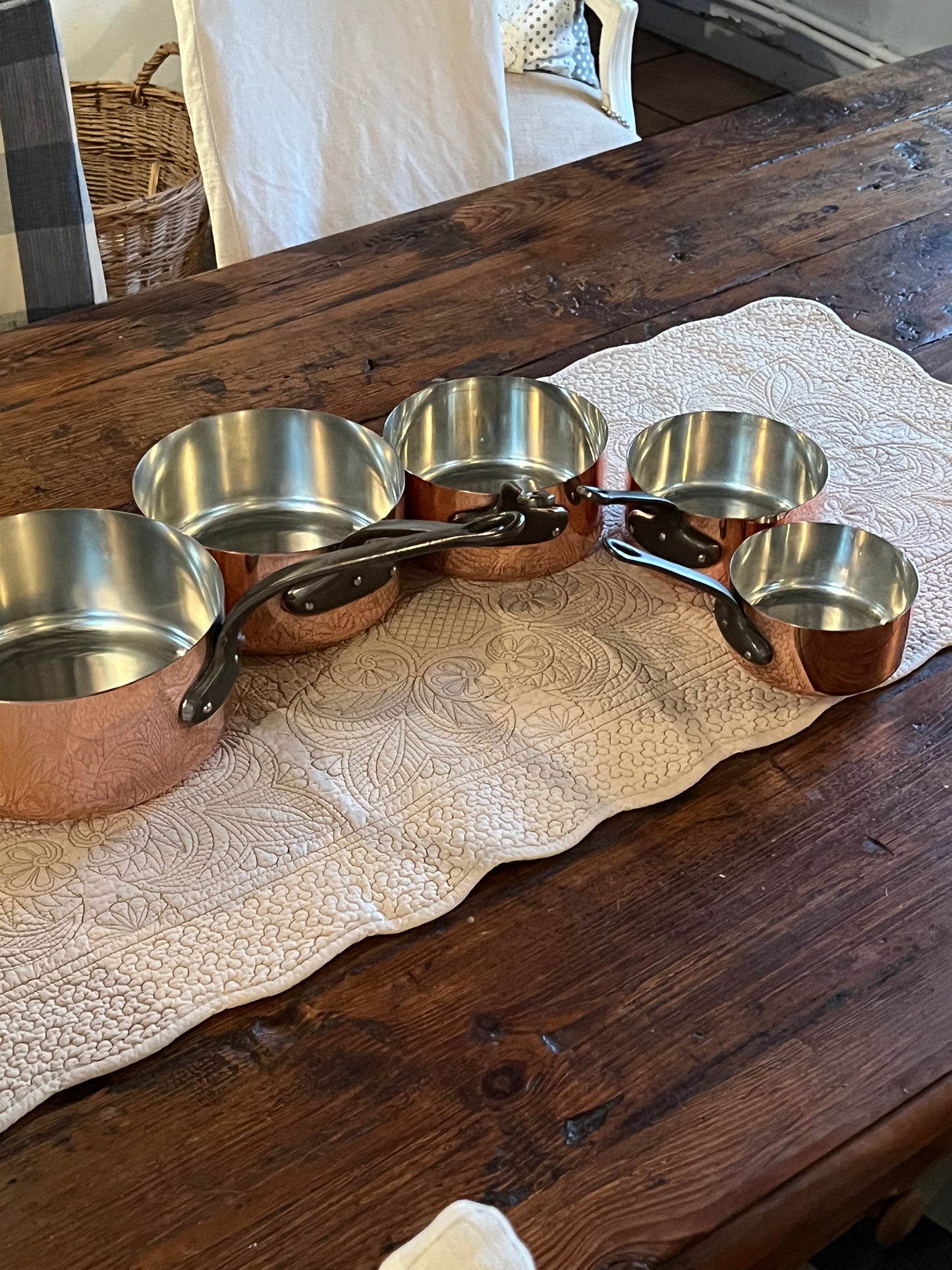 Set Of 5 Vintage French Copper Saucepans Cuivres De Faucogney 4.15kg Stunning!