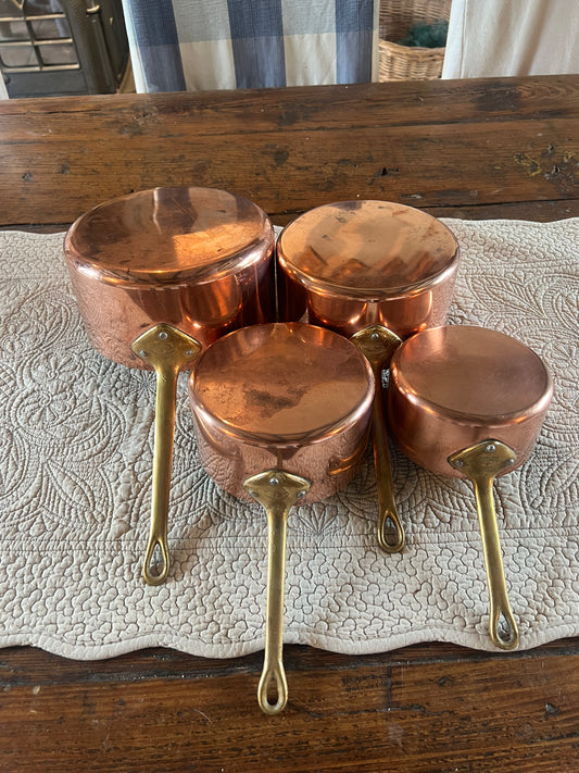 Set Of 4 Vintage French Copper Saucepans Stamped ‘La Belle Cuisine Made In France